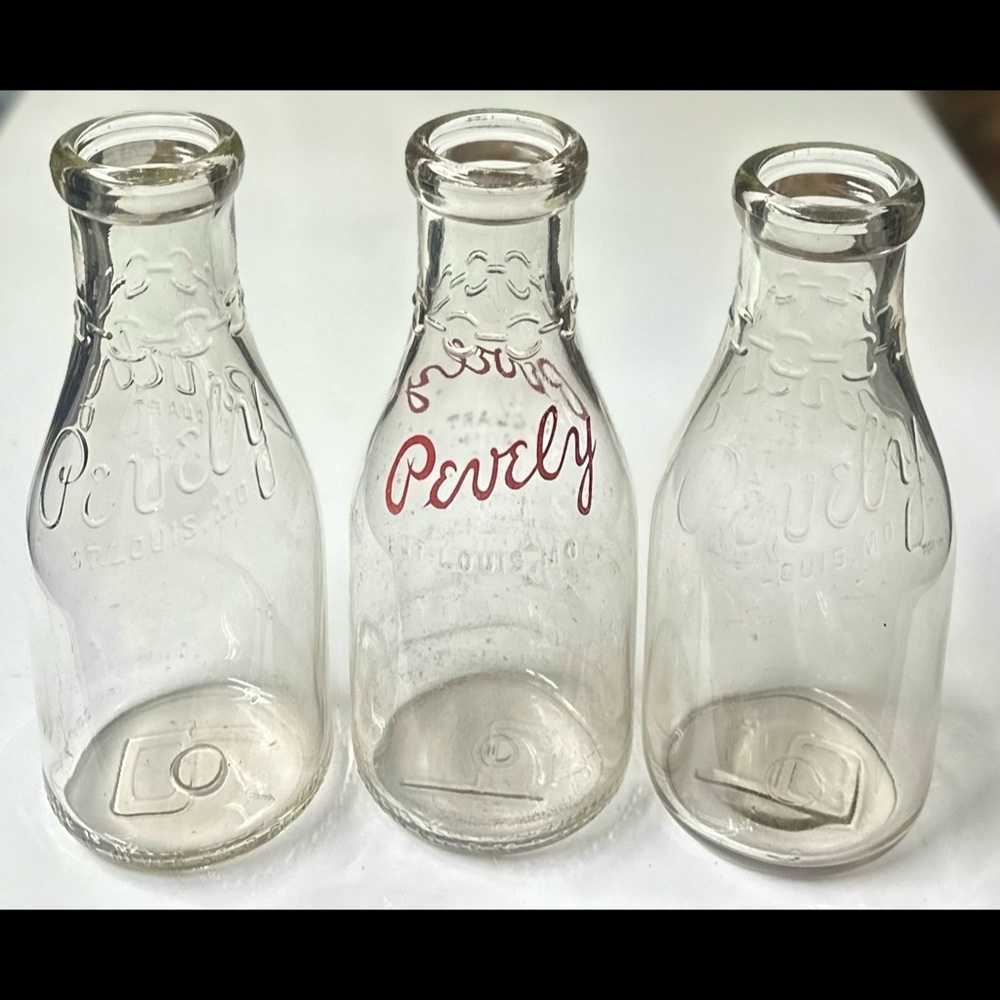 Set of 3 Vintage Pevely Dairy Glass Milk Bottles, quart size